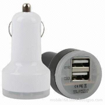Dual USB port mini car charger for mobile devices/iPad, 10 colors